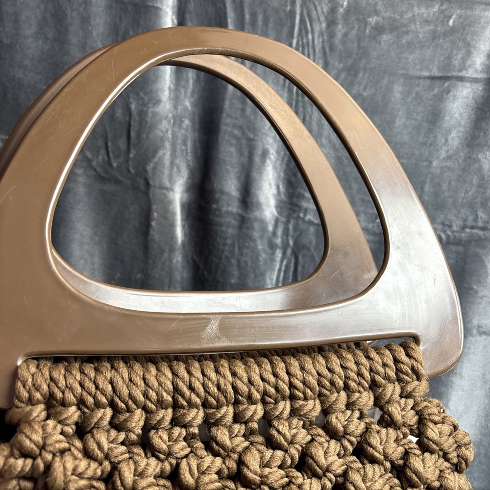 Vintage Macrame Woven Purse Brown Oversized Handles 60s 70s Retro Hippie Boho - Picture 5 of 16